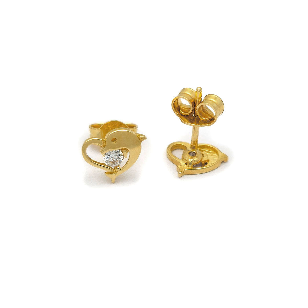 14k CZ Dolphin & Heart Outline Stud Earrings Back